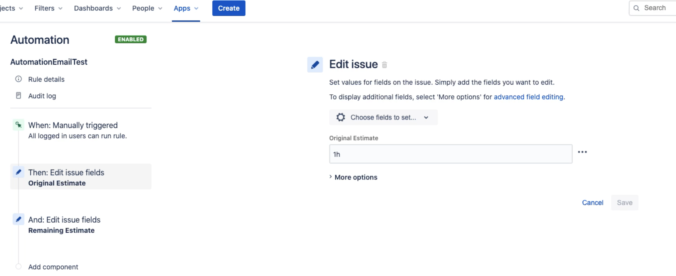 Automation rule to edit Original Estimate and Remaining Estimate 