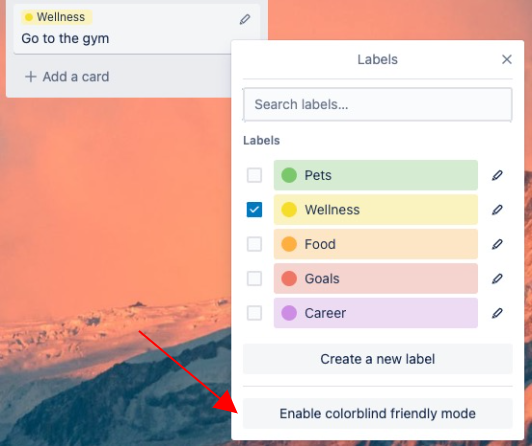An image that shows how to enable colorblind friendly mode for labels in Trello