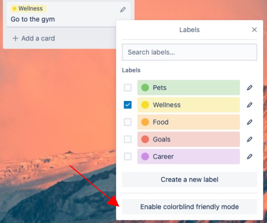 画像: ラベルの色覚特性対応モードを有効にする方法 (Trello)