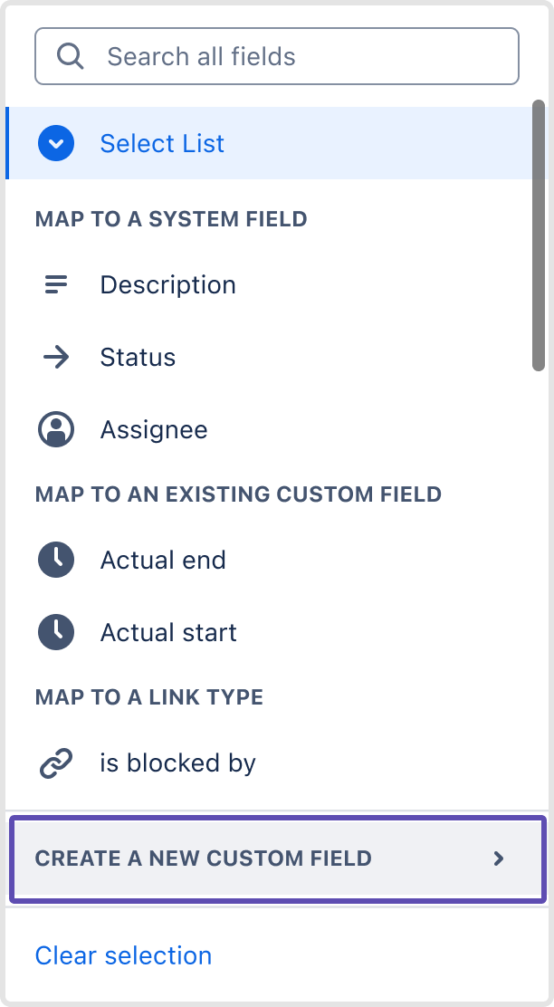 Jira fields dropdown menu with Create a new custom field option selected.