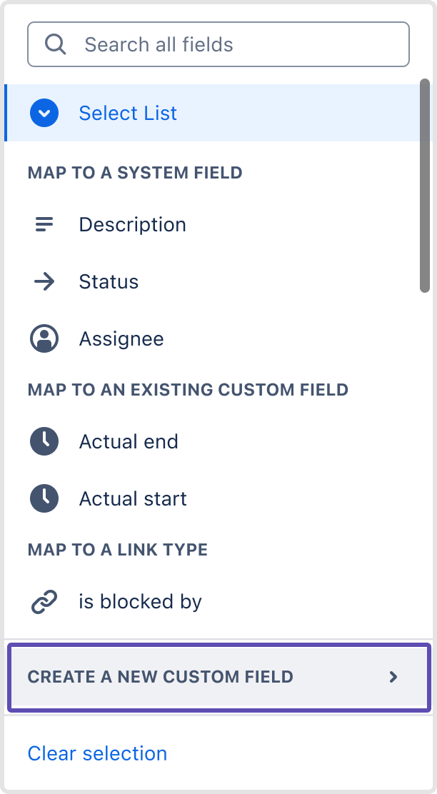[新しいカスタム フィールドを作成] オプションが選択された Jira フィールドのドロップダウン メニュー。