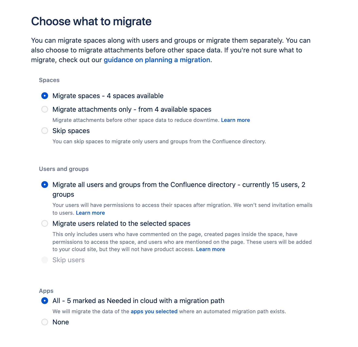 Data that can be added to your Confluence migration plan, for example spaces.