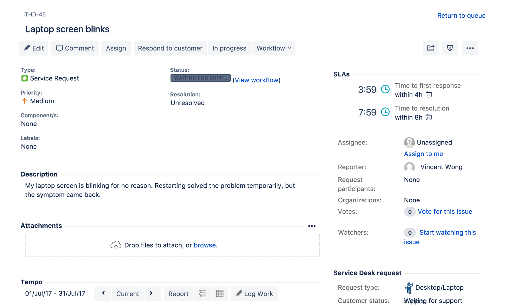 Jira Service Management Cloud issue view