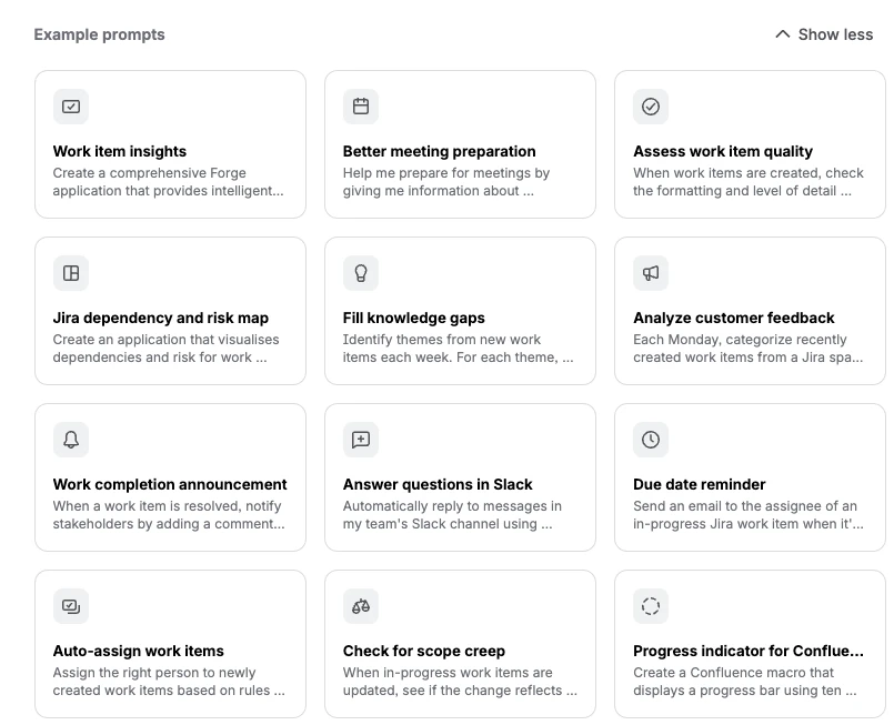 A collection of example prompts in Rovo Studio. Some examples: Work item insights, due date reminder, check for scope creep.