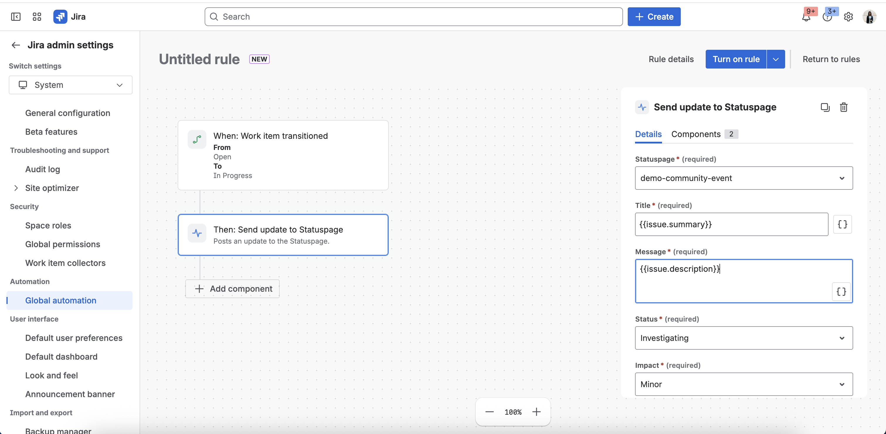 An image showing the use of the Send Update to Status Page automation action