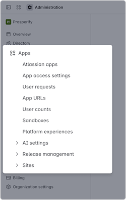 Apps page in Atlassian Administration. Apps is the third item in the primary navigation.