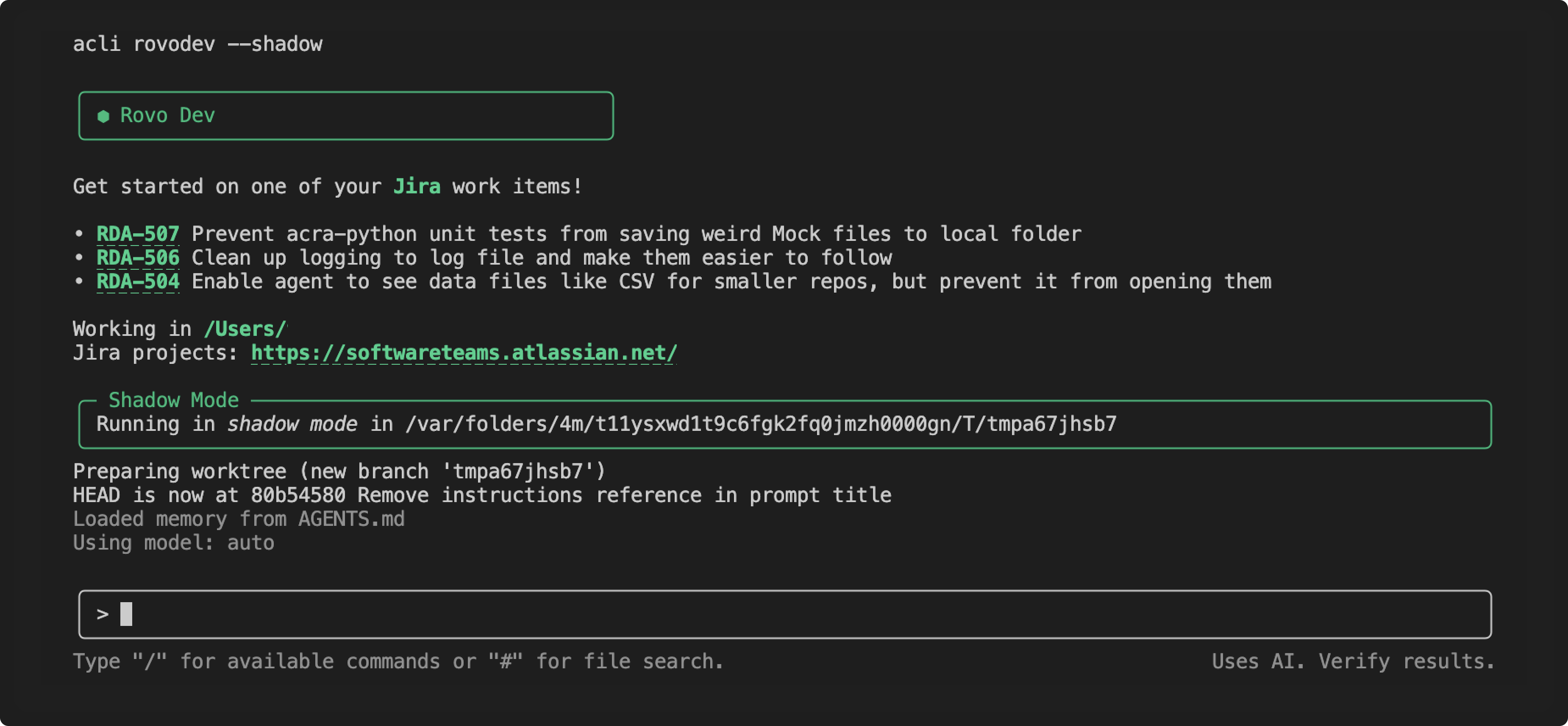 Rovo Dev will show temp folder details when started in shadow mode