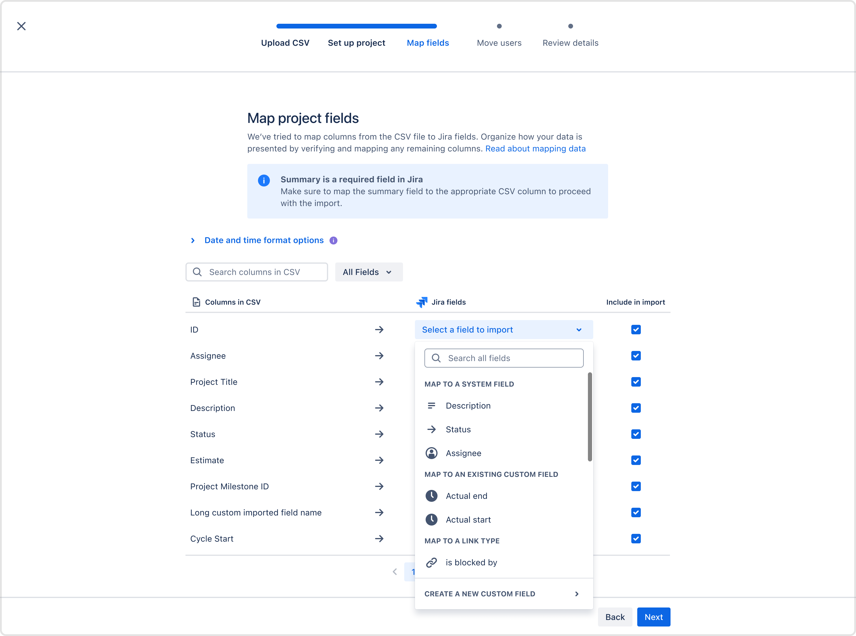 Jira のフィールド ドロップダウンのいずれかを選択した状態での [Map project fields (プロジェクト フィールドをマッピング)] 画面 