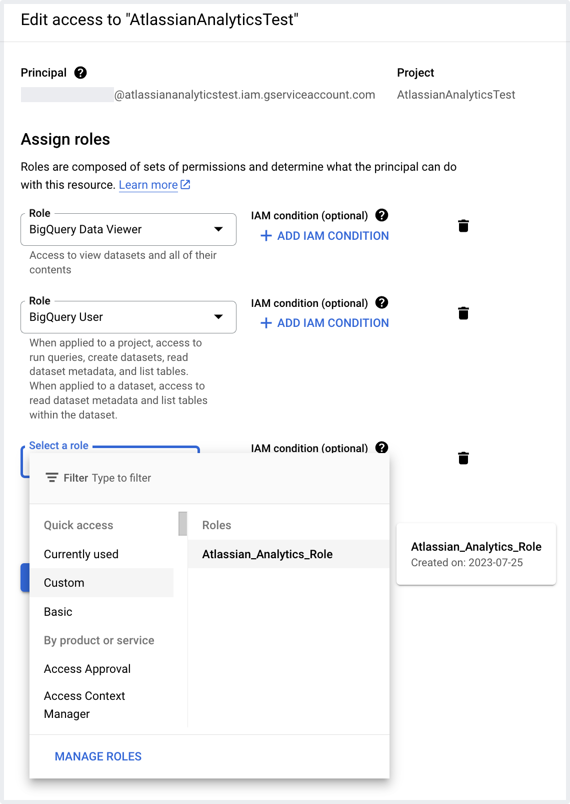Adding "Atlassian_Analytics_Role" custom role to existing service account