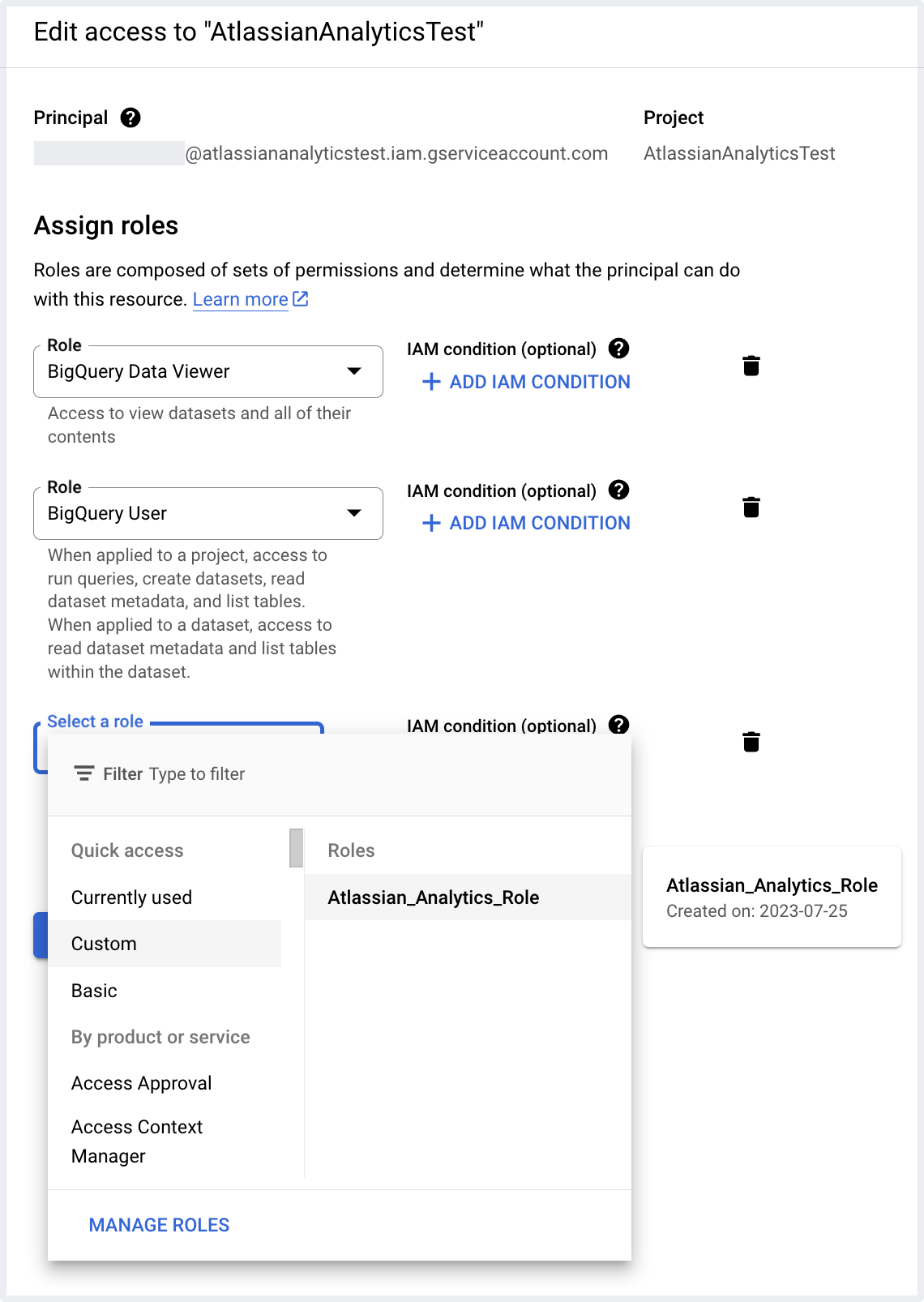 既存のサービス アカウントに「Atlassian_Analytics_Role」カスタム ロールを追加します