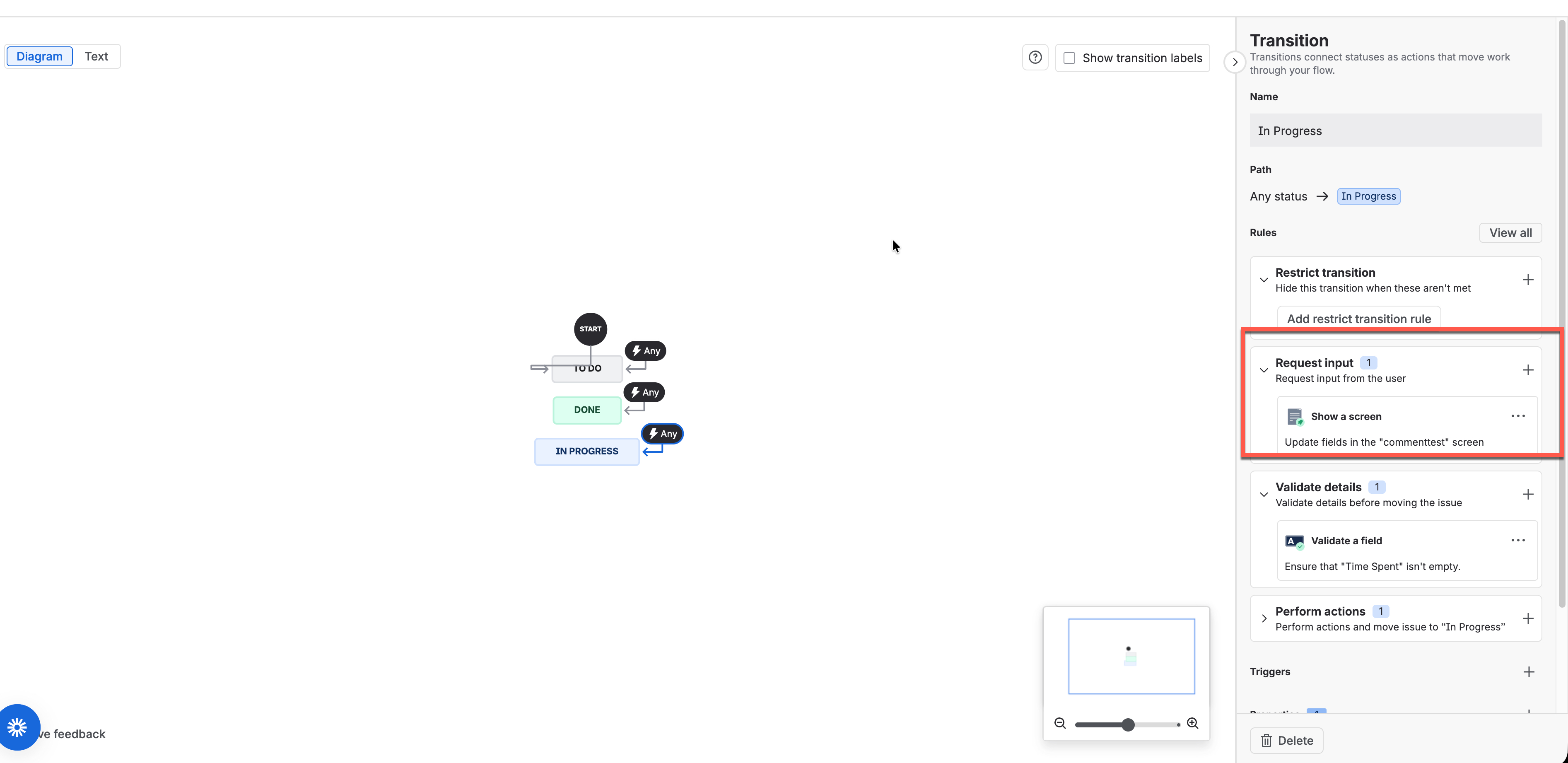 Jira workflow transition editor with a screen selected
