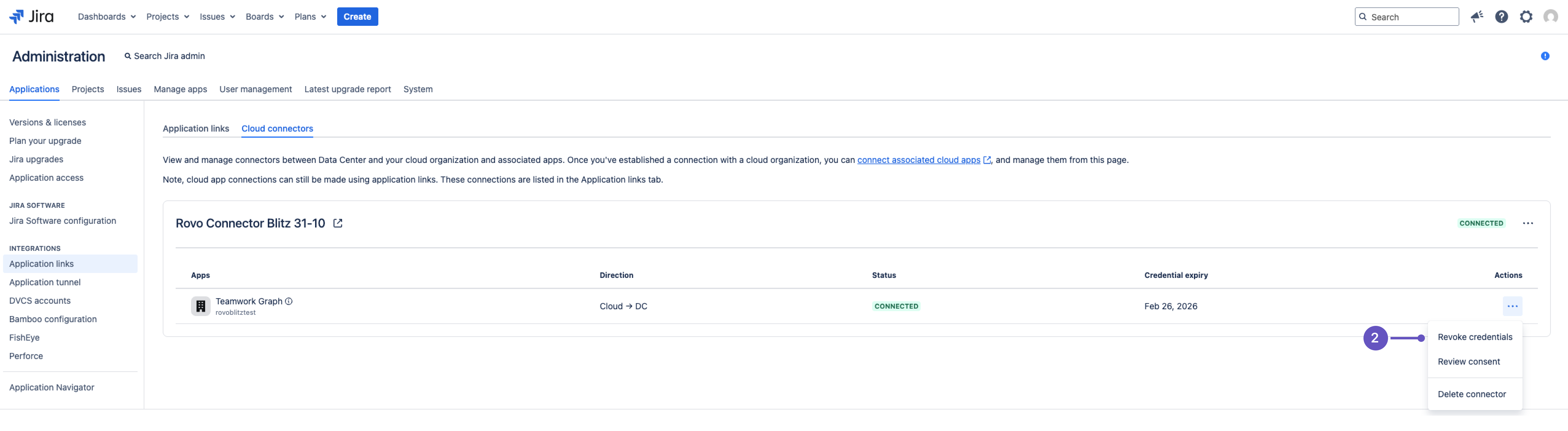Cloud connectors screen in Data Center admin with option to revoke connector credentials