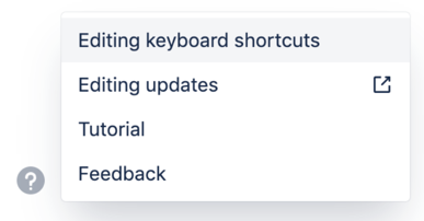 Shows the options available when selecting the help icon on the lower left when editing a page or blog