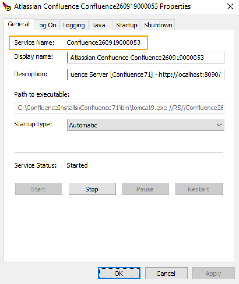 Dialog box showing "Service Name" of Confluence