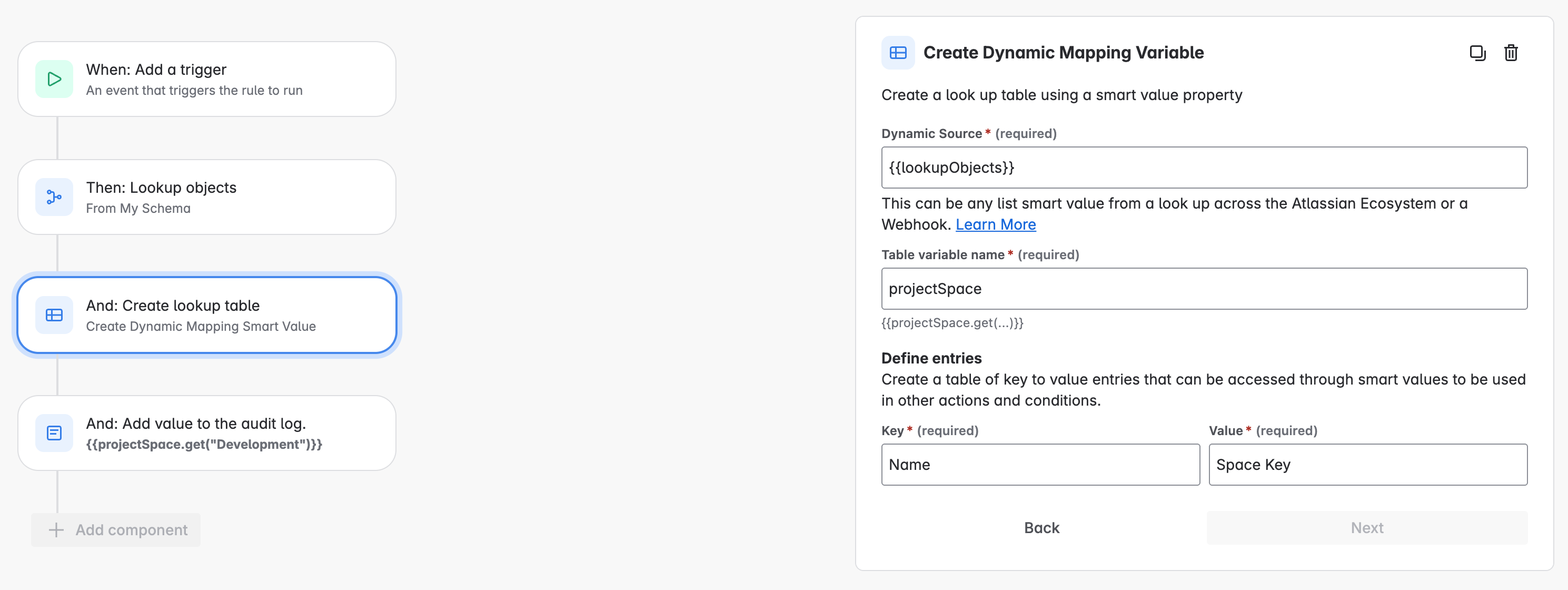 Create Dynamic Lookup Table action with {{lookupObjects}} in the 'Dynamic Source' field