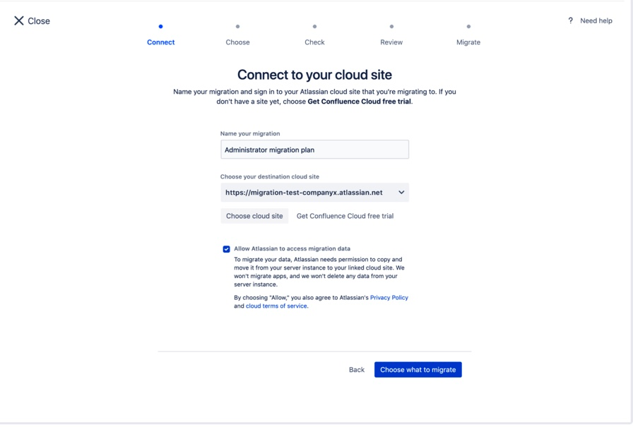 "Connect to your cloud site" screen in the assistant.