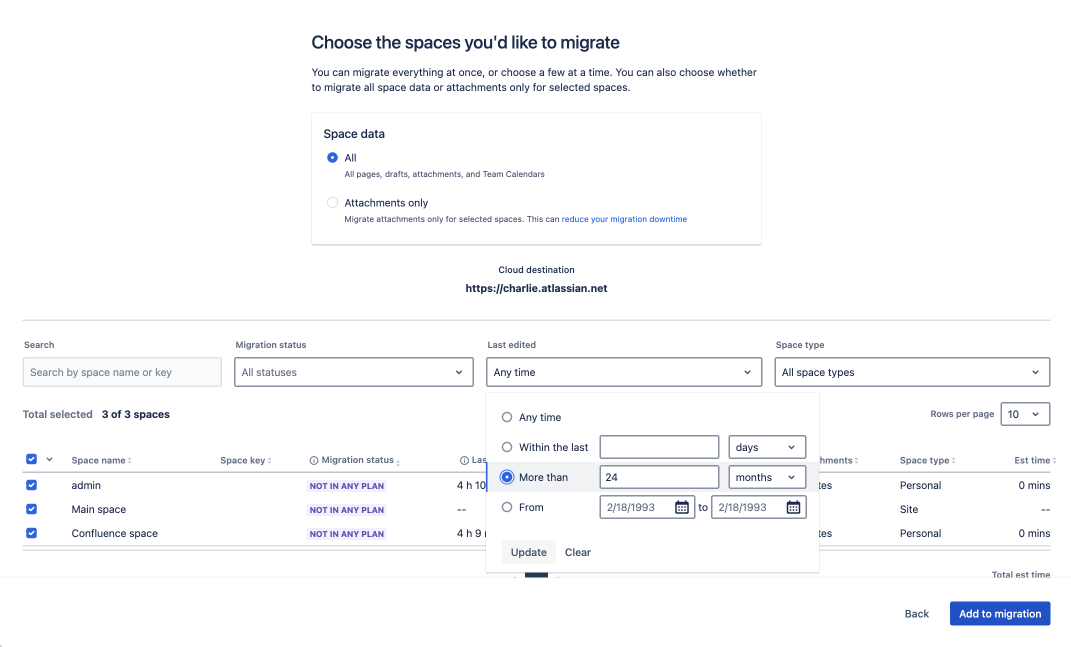 Selecting spaces in the migration assistant.