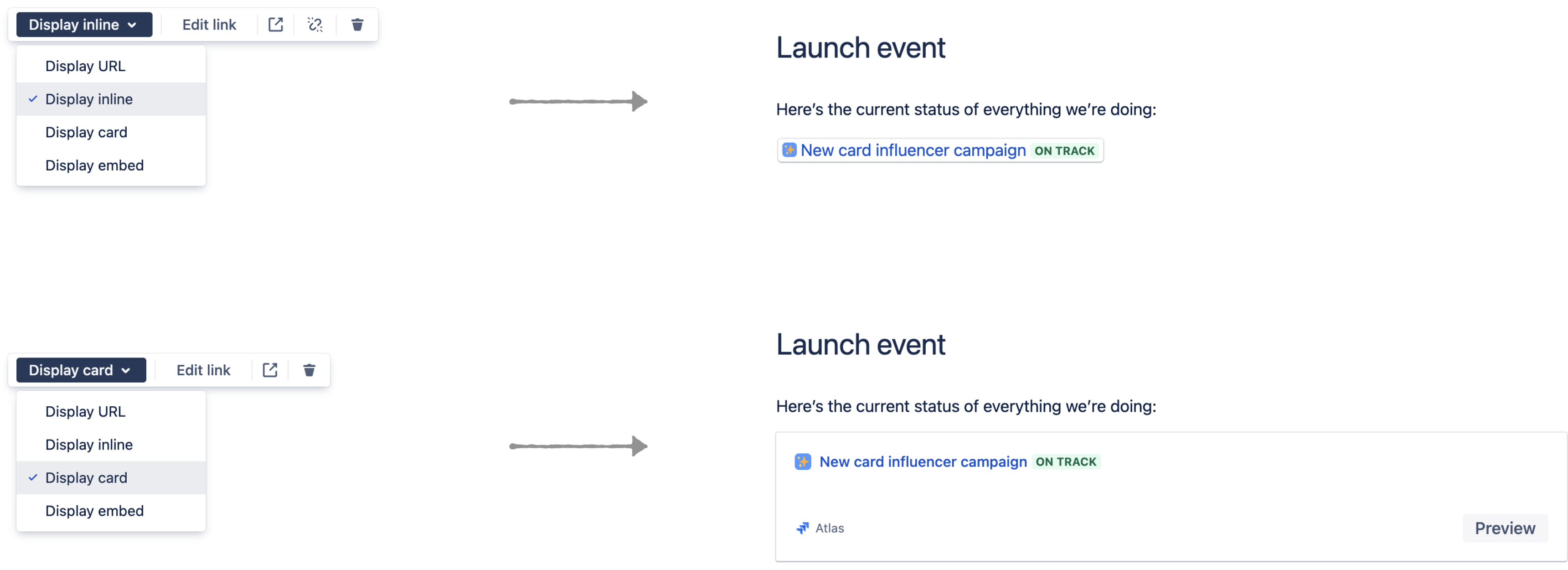 alt="Confluence での Atlassian プロジェクトとゴールの表示オプション。"