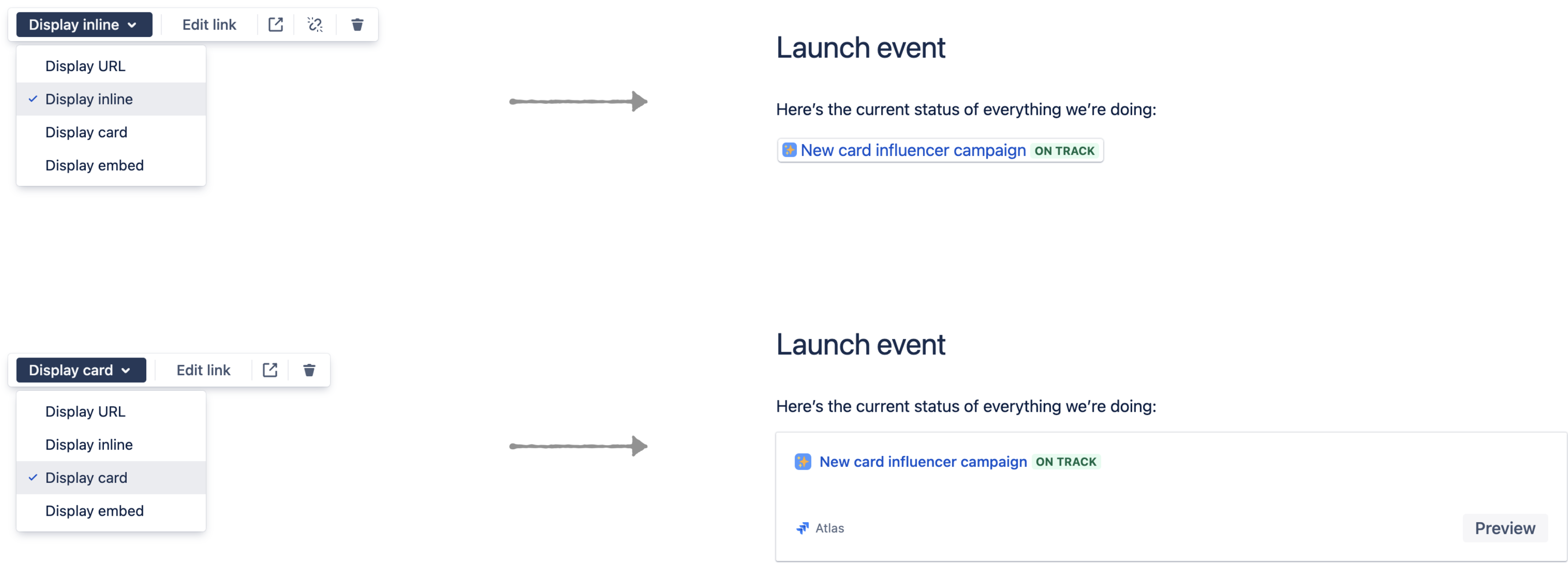 alt="Confluence での Atlassian プロジェクトと目標の表示オプション。"