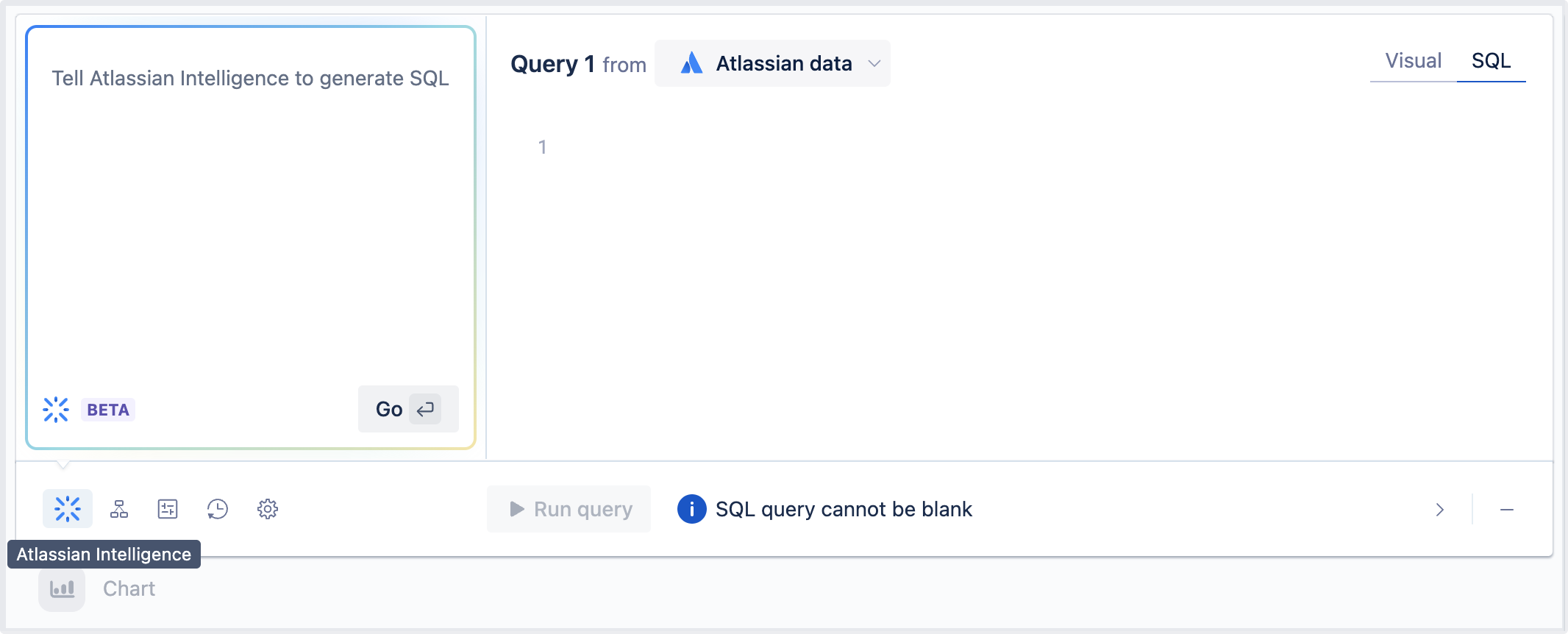 SQL モード クエリの Atlassian Intelligence タブ