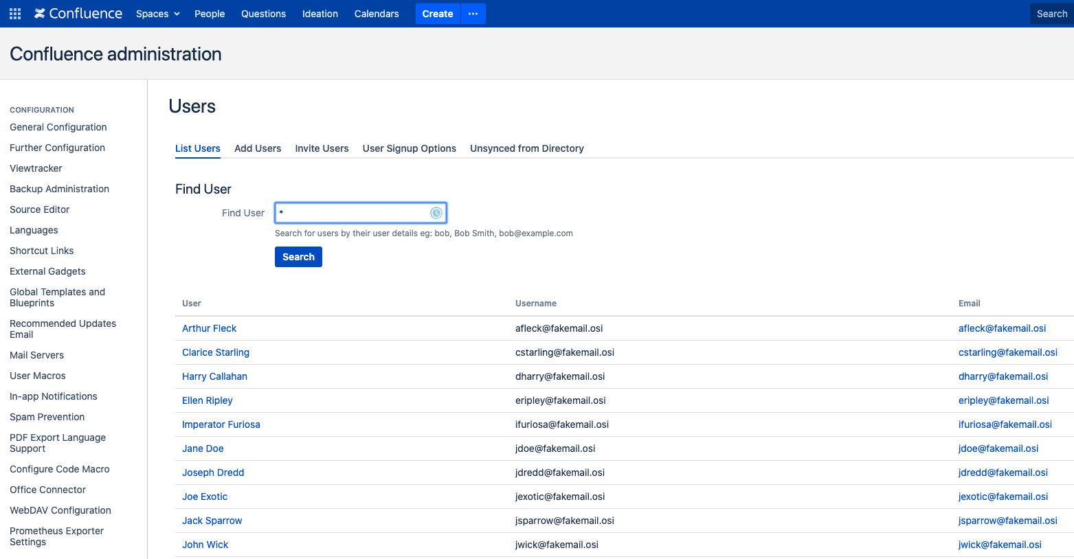 Screenshot showing the Confluence administration page. The 'Users' page is selected. The page shows a list of Confluence users
