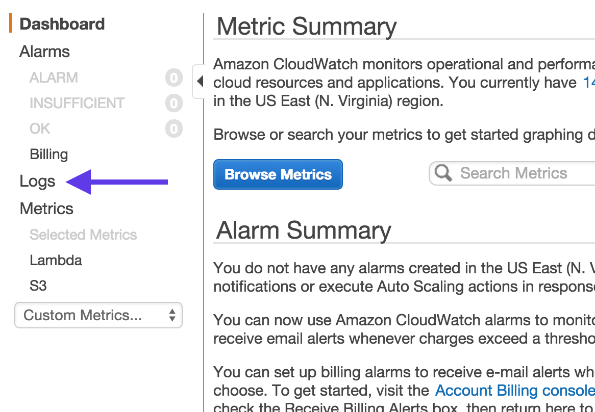 An image showing the location of Logs in Amazon web services platform.