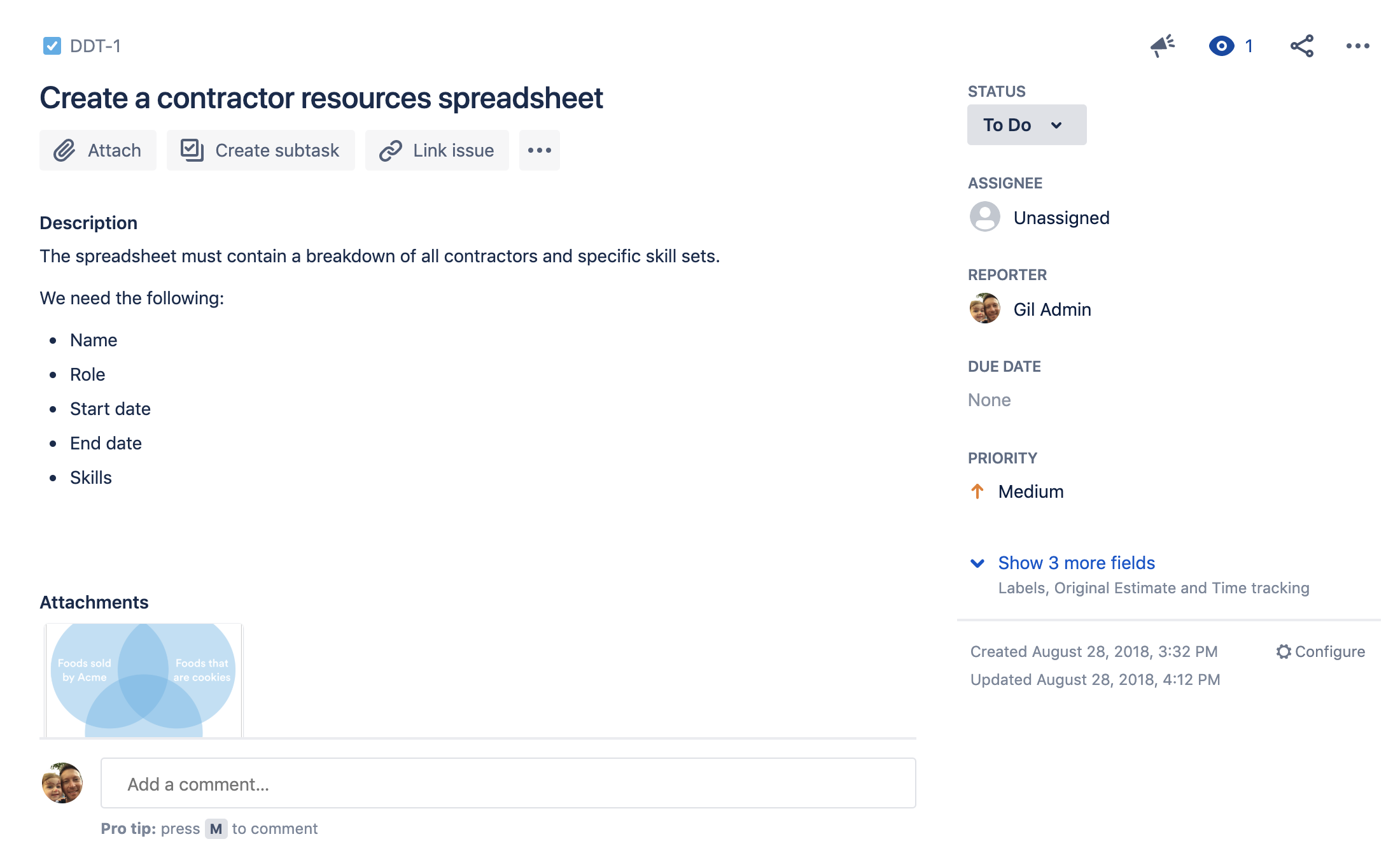 業者リストをスプレッドシート形式で作成するための、ステータスが「To Do」の Jira タスク。