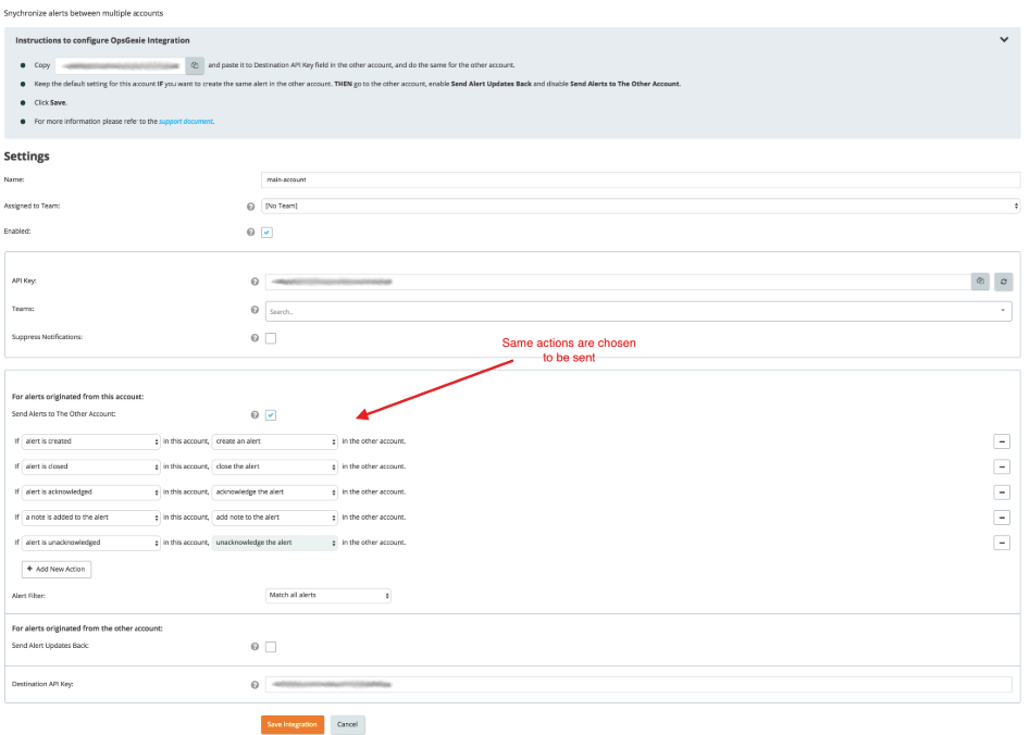 A screenshot of configuring main account when integrating Opsgenie with another Opsgenie.