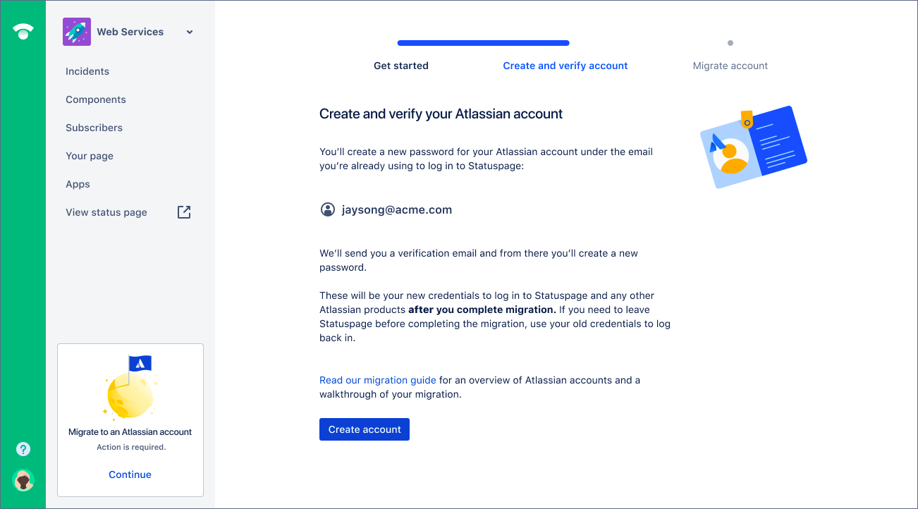 Atlassian アカウントを作成して検証するための移行ウィザードのステップ 2