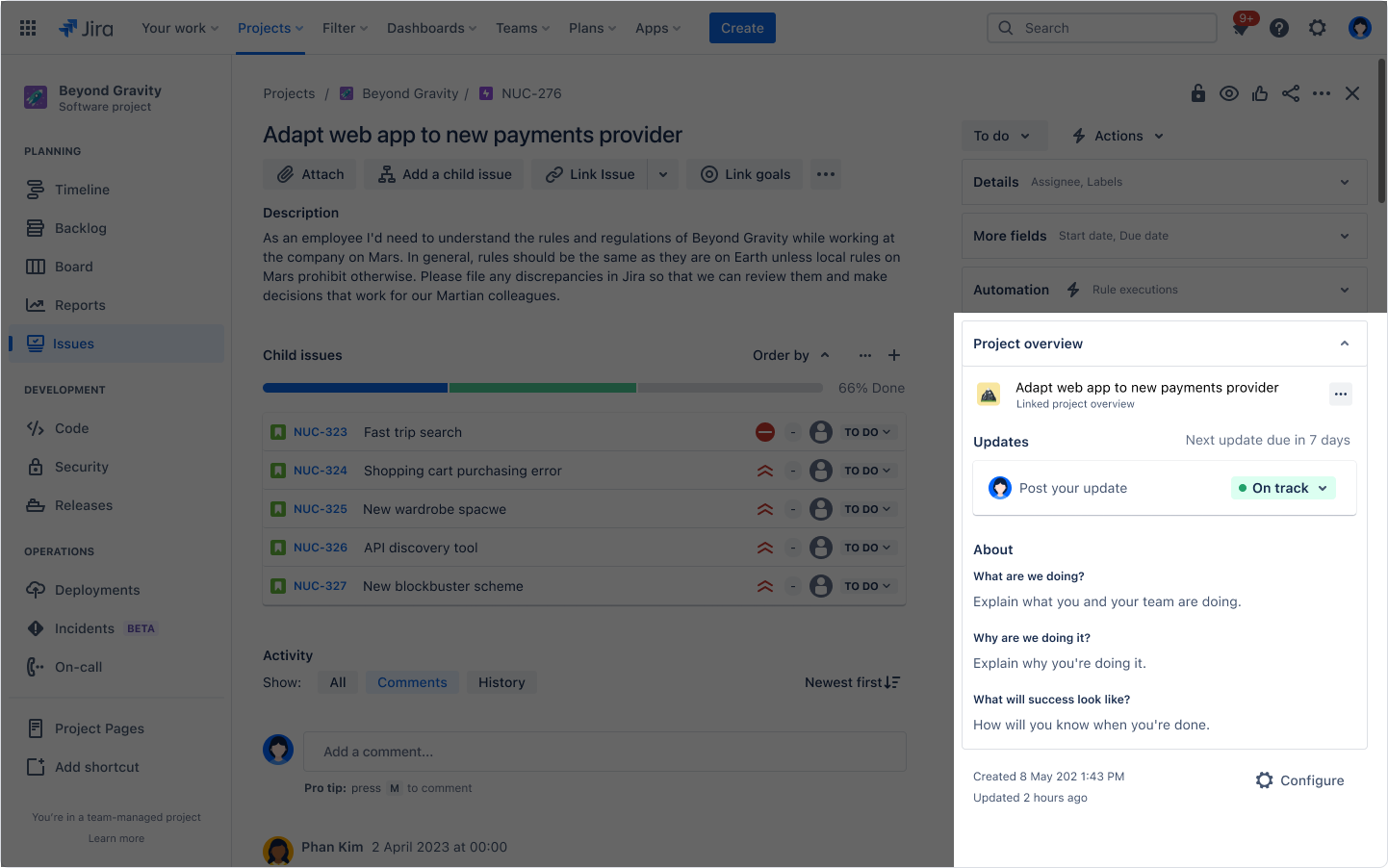 Jira issue view highlighting the project overview section