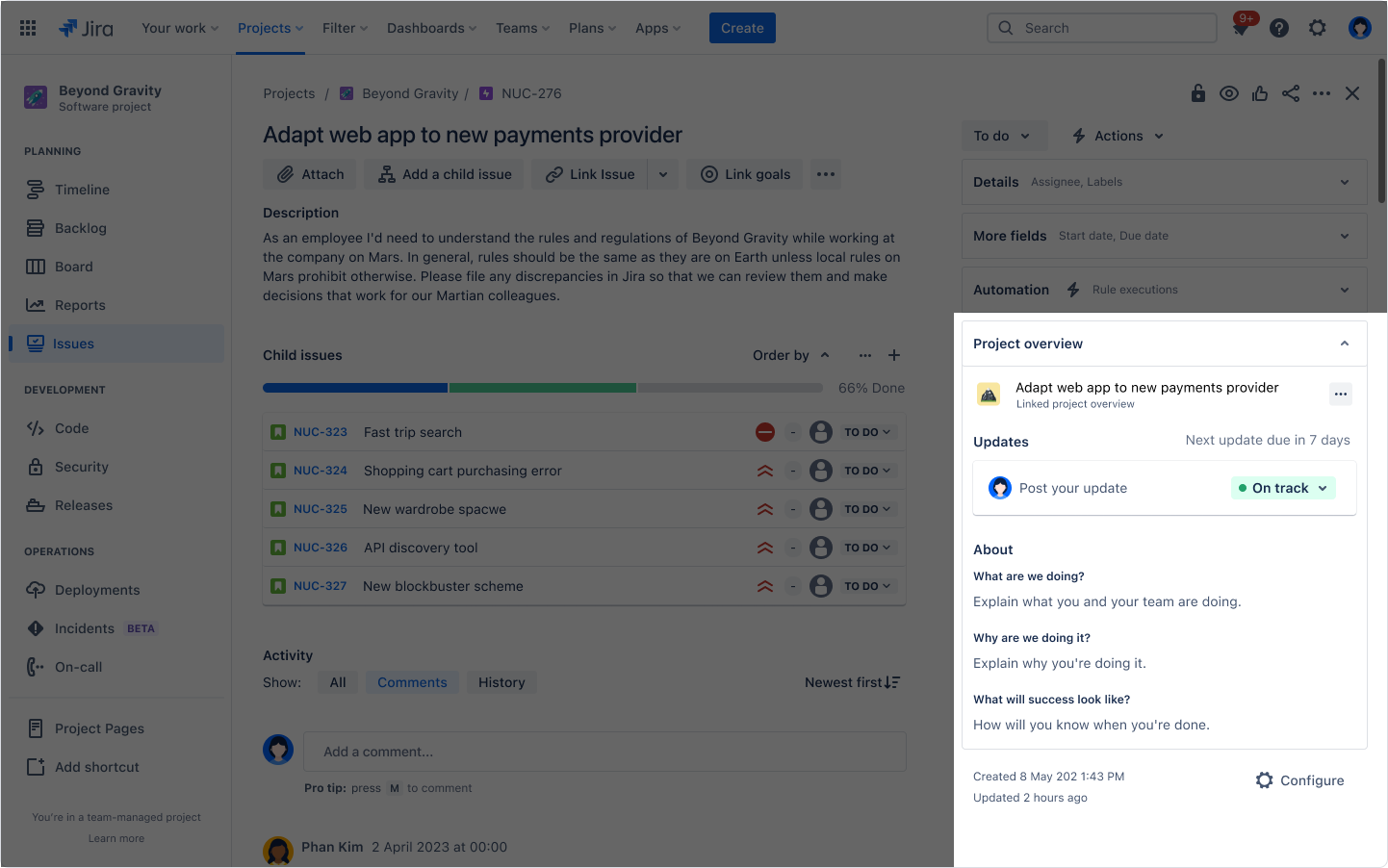 プロジェクト概要セクションがハイライト表示されている Jira 課題ビュー