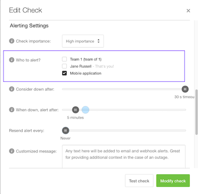 The Pingdom dialogue to edit an uptime check for alert parsing