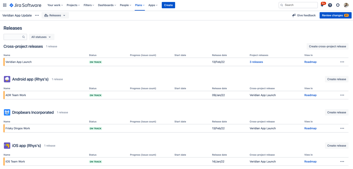 Veronica adds her individual releases to one larger cross-project release in Advanced Roadmaps