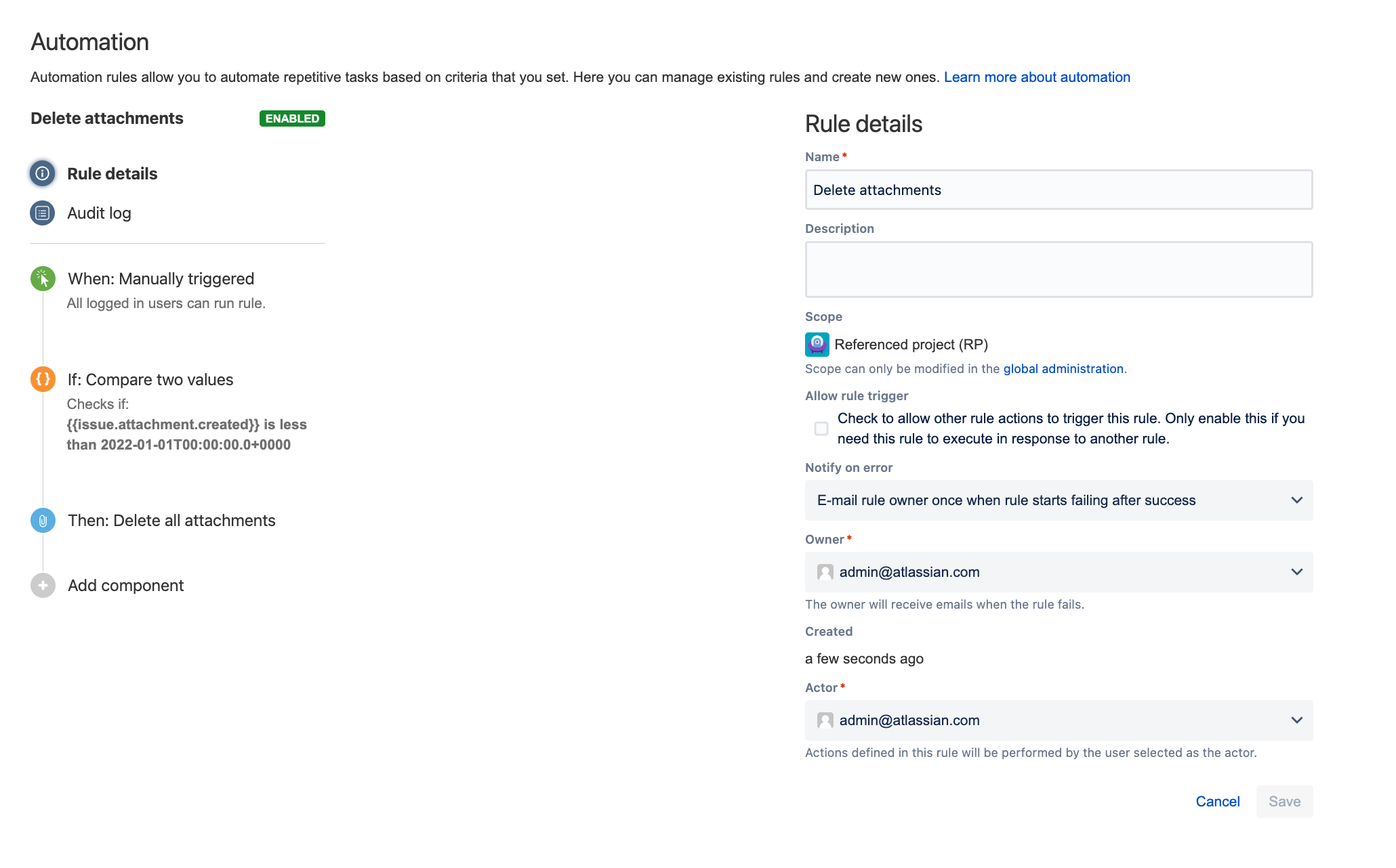 Preview of the automation rule's configuration in Jira Data Center.