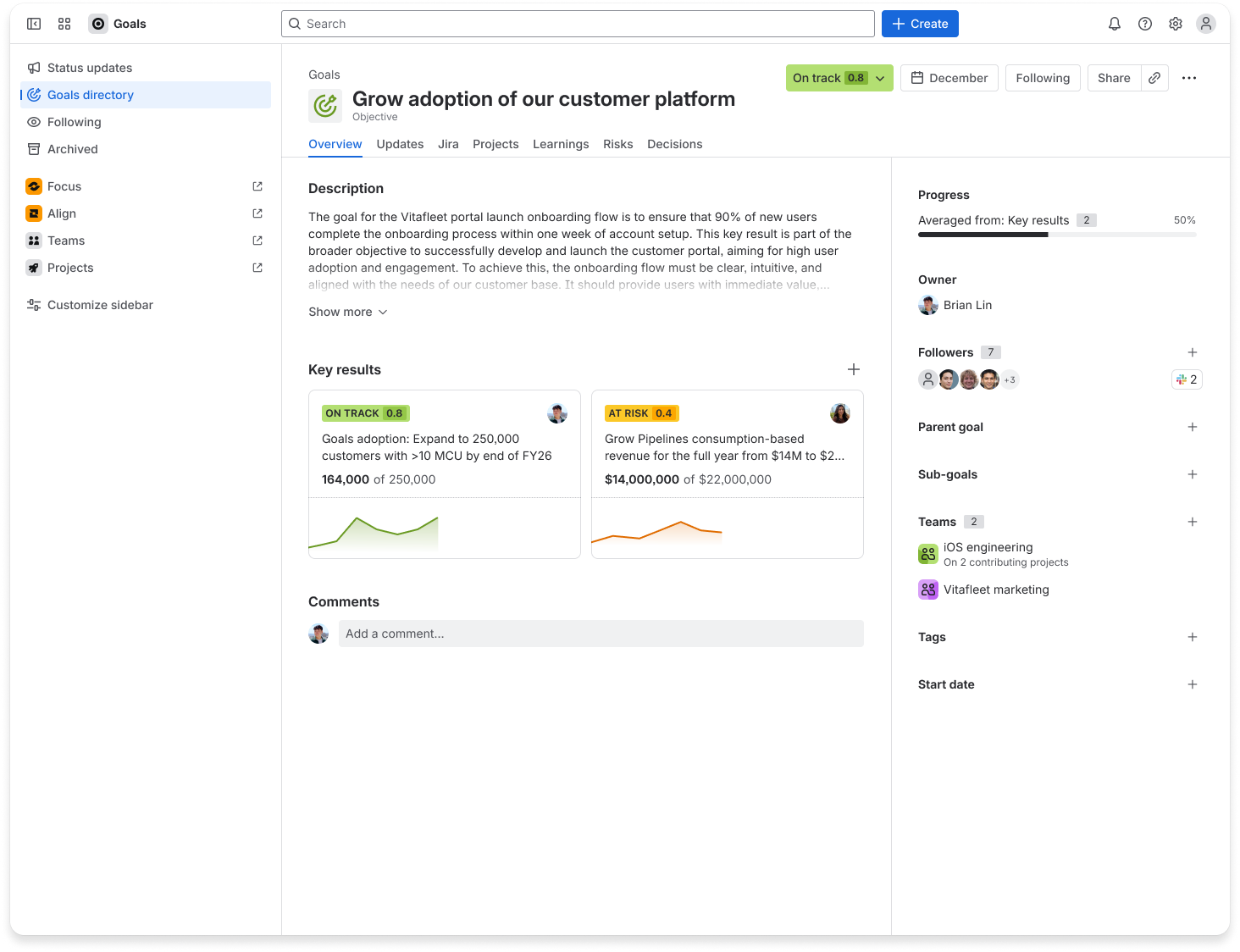 Objective page with two key results and progress showing.