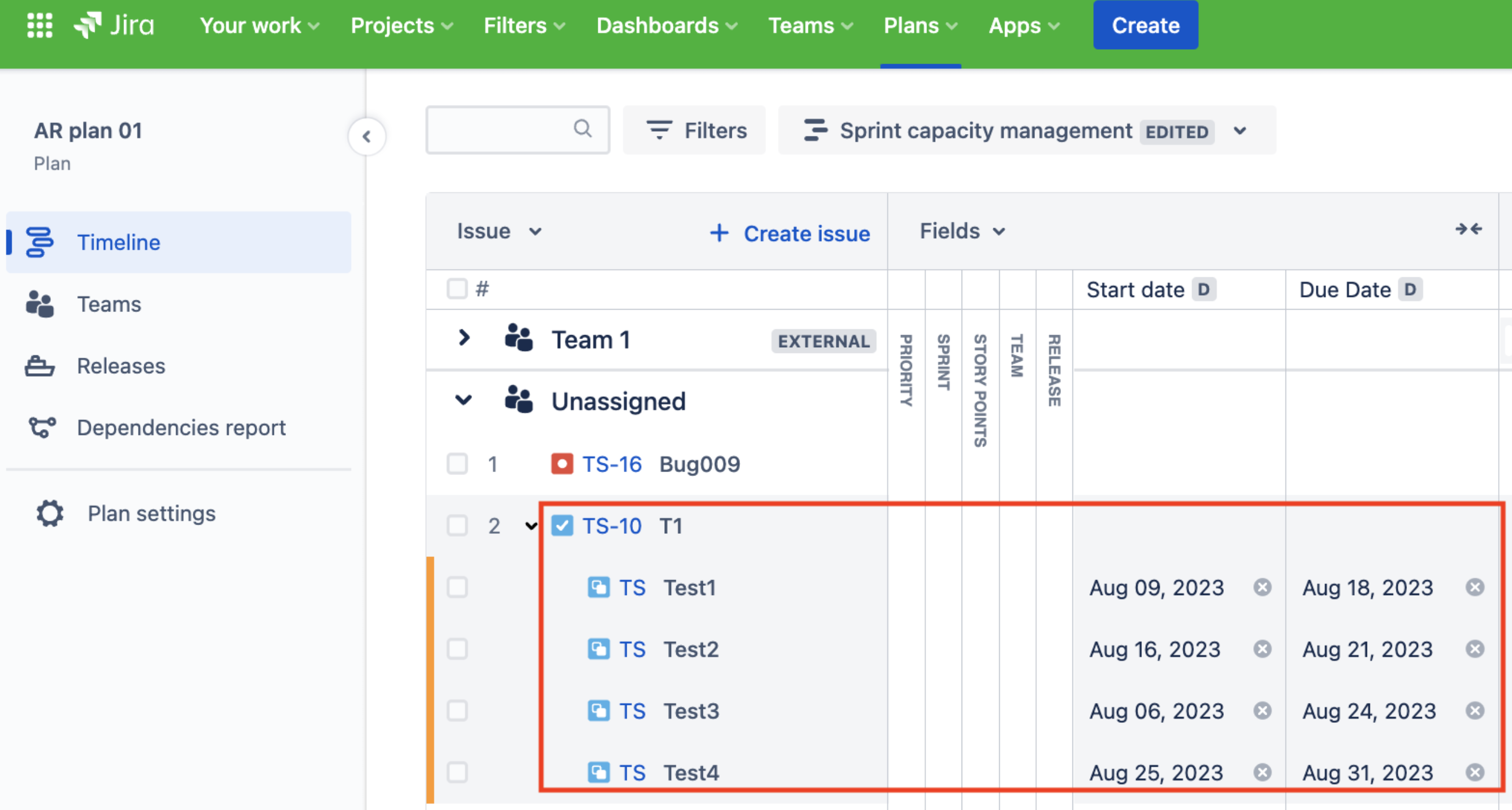 Advanced Roadmap PLAN showing story and its subtask