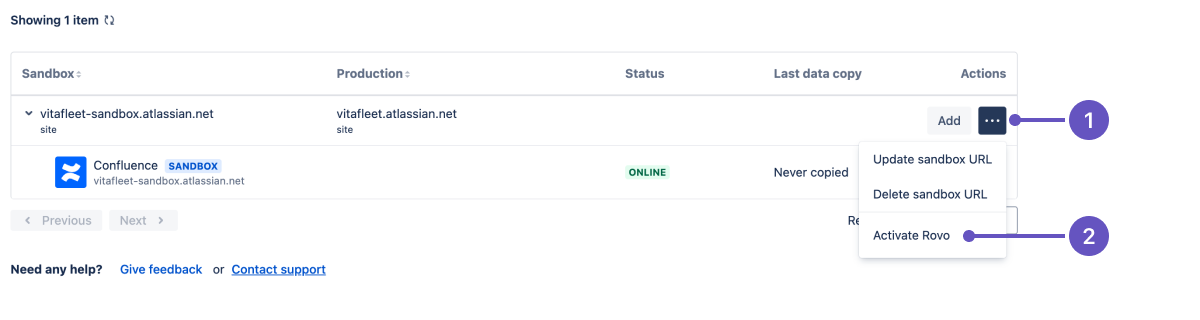 Screenshot of where to activate Rovo on the sandbox screen in Atlassian Administration