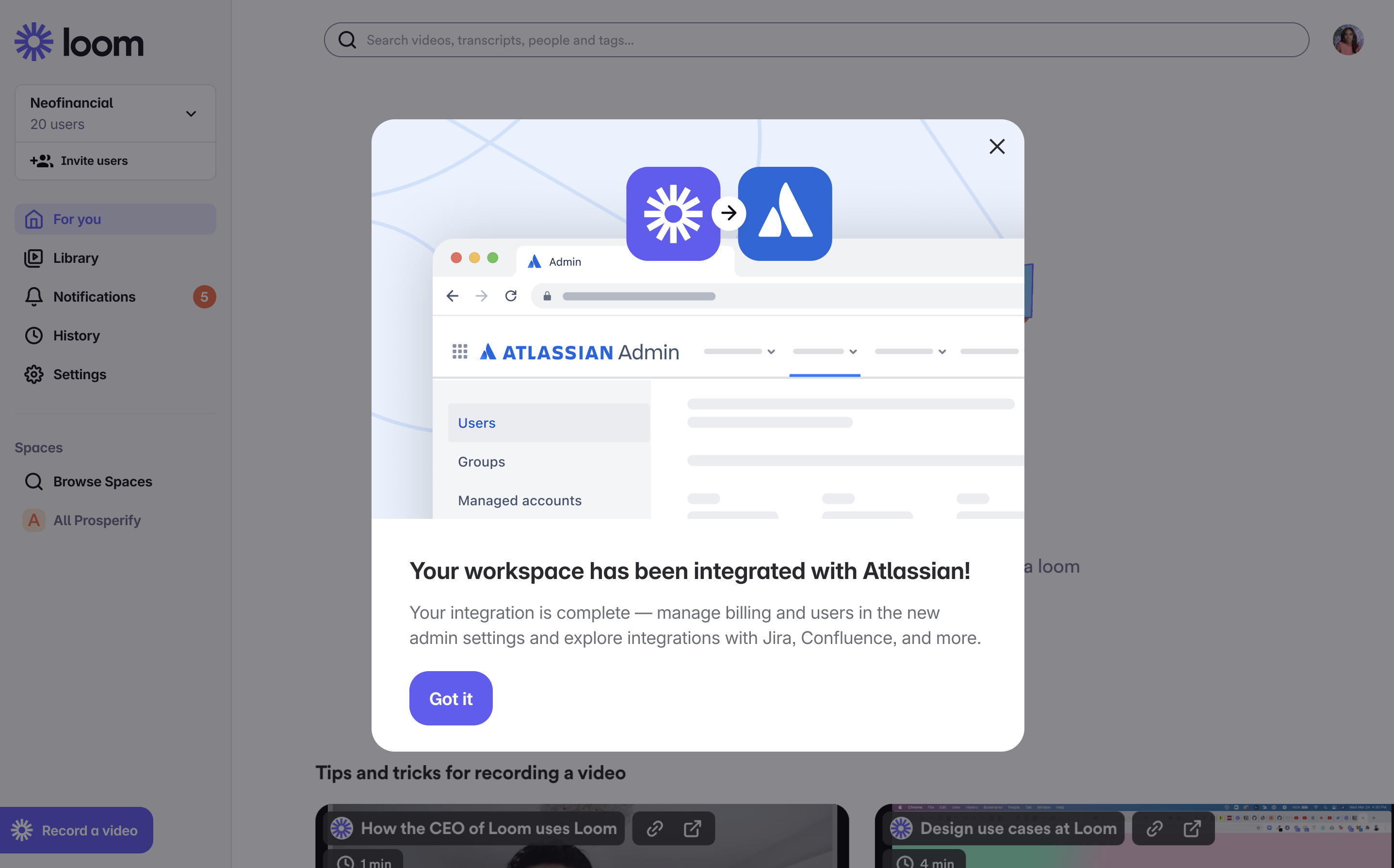 alt="アトラシアンと Loom の統合が成功したことを示すモーダル。"