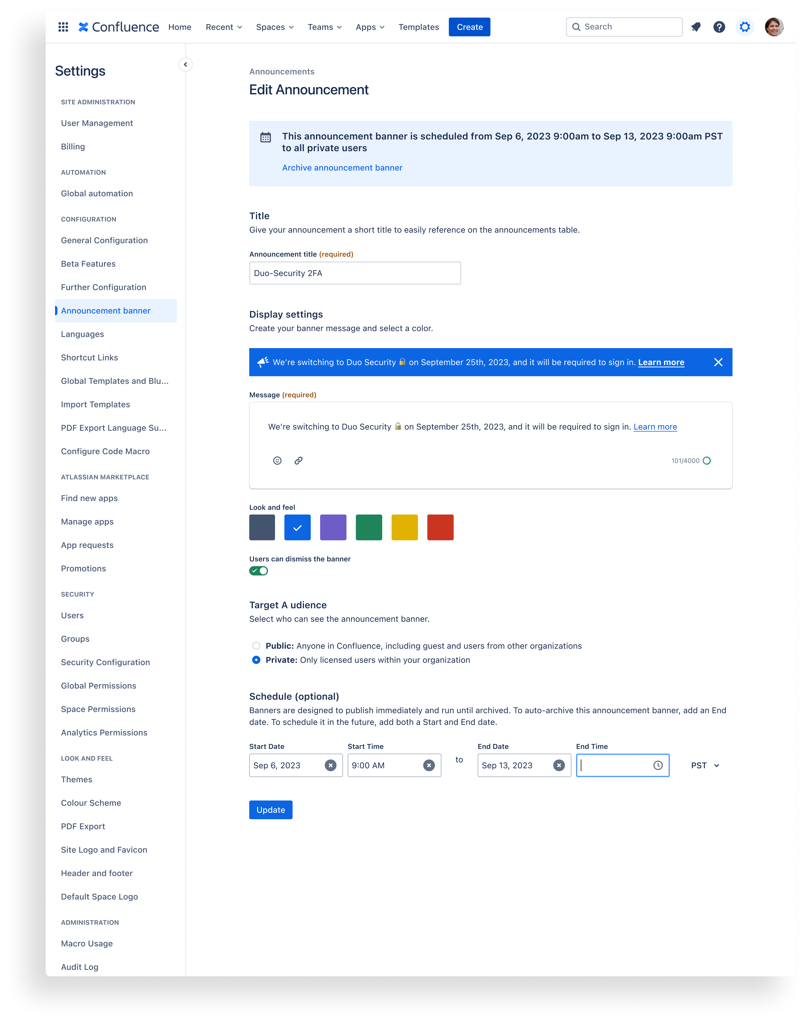 Configuration screen for Edit announcement