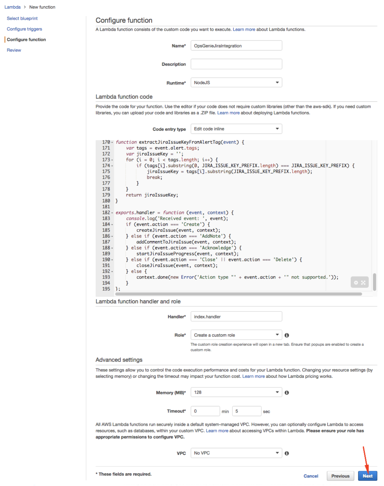 AWS Lambda の次のステップを切り替える場所を示す画像。