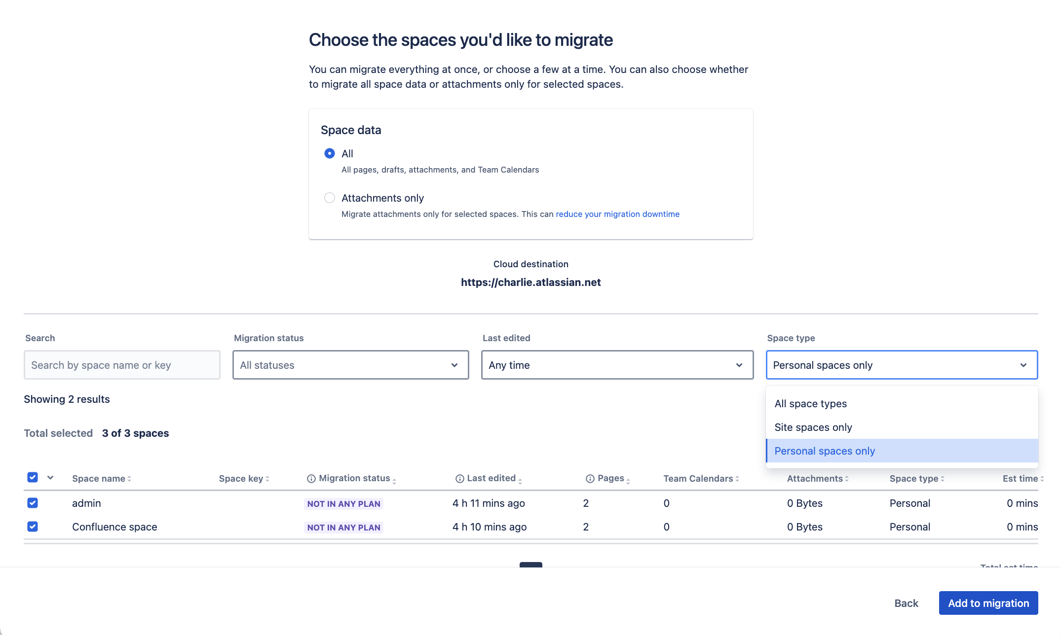 Selecting spaces in the migration assistant.