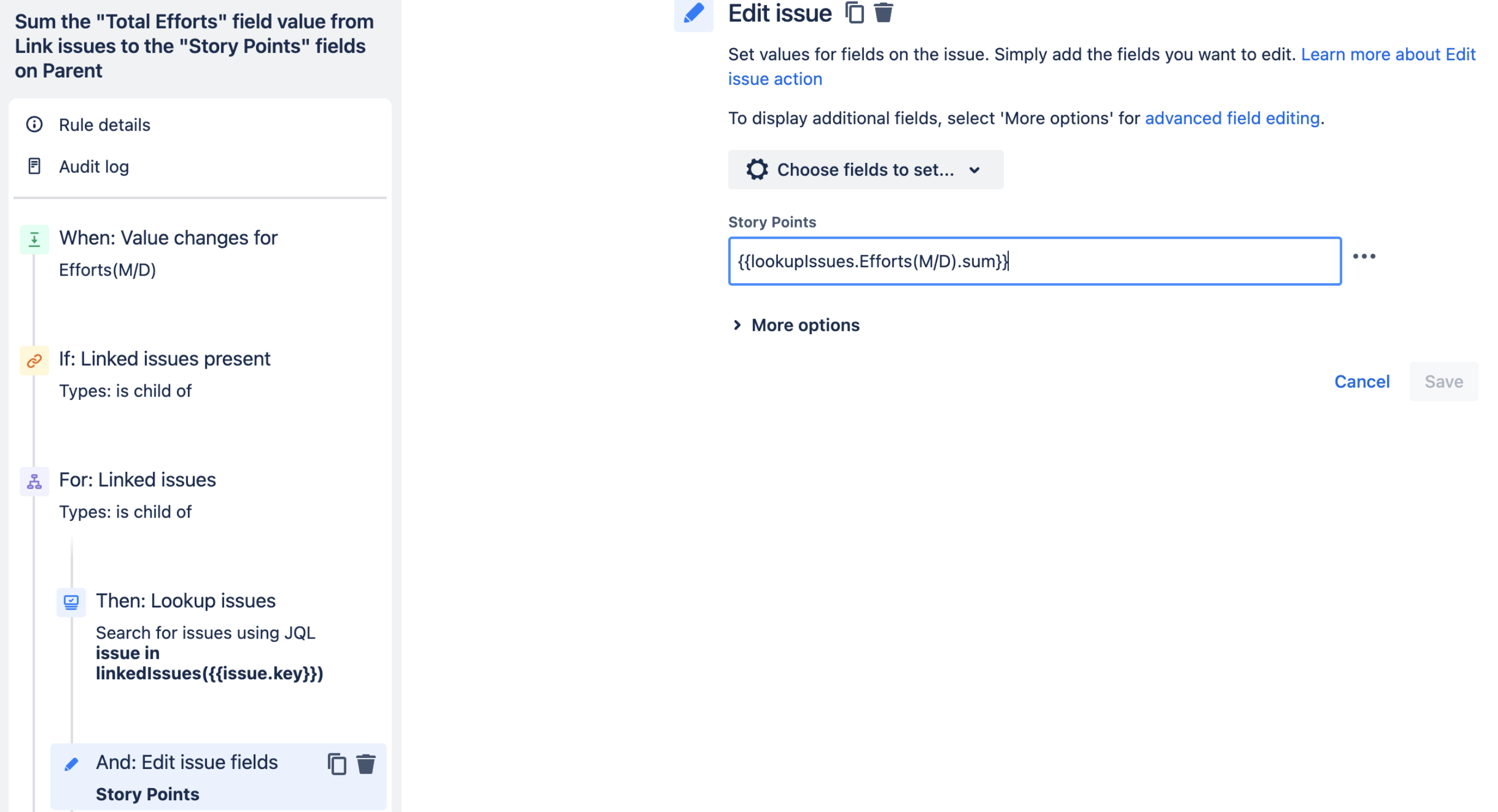 Sum the "total efforts" field value from linked issues to the story points field on Parent automation rule