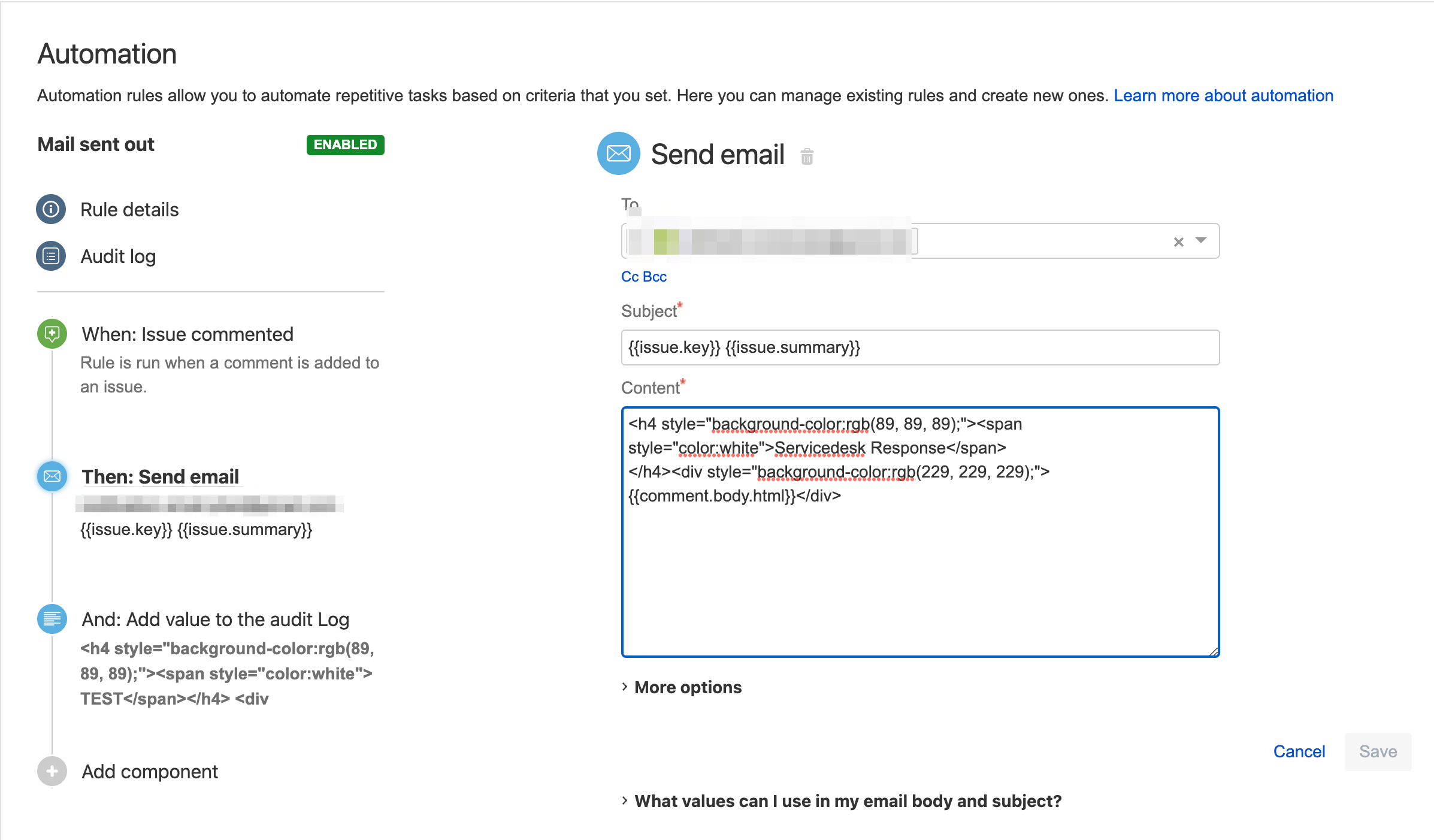 Automation Rule Send Email Component displaying the email HTM content