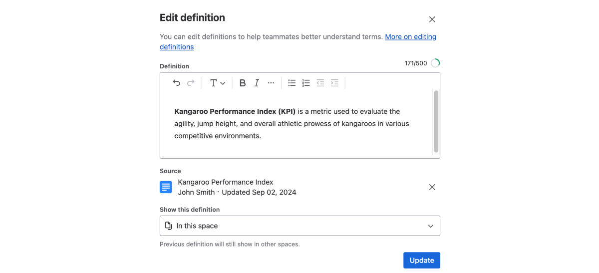 Screenshot of the edit definition screen, where the author is changing the definition of 'KPI'.