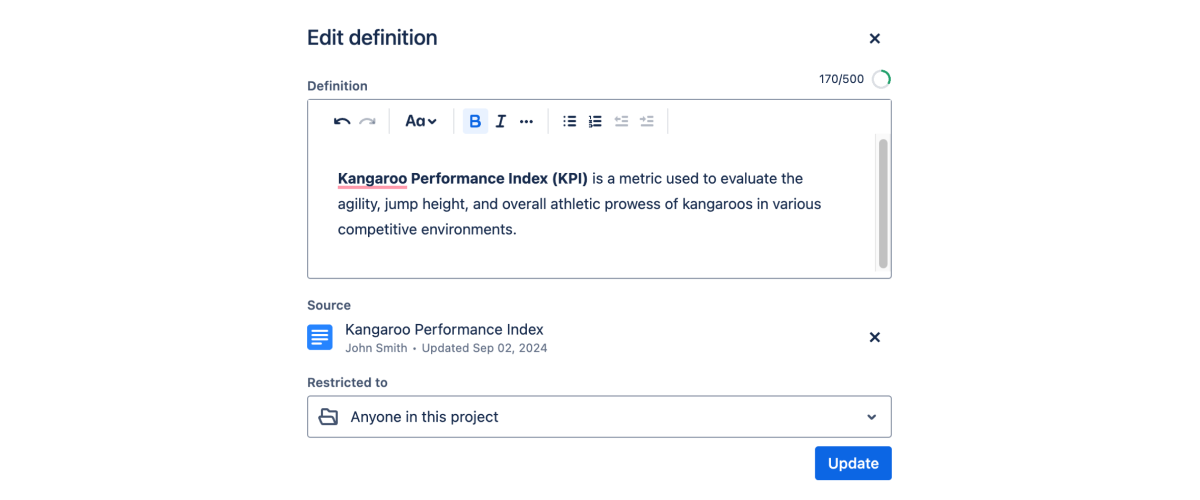 Screenshot of the edit definition screen, where the author is changing the definition of 'KPI'.