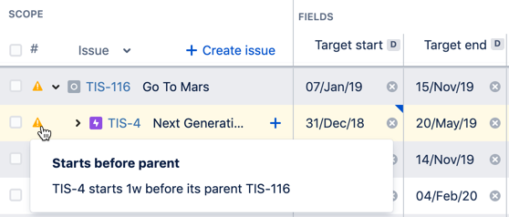 A warning that you may see in Advanced Roadmaps for Jira Software Cloud - Child issues start before parent