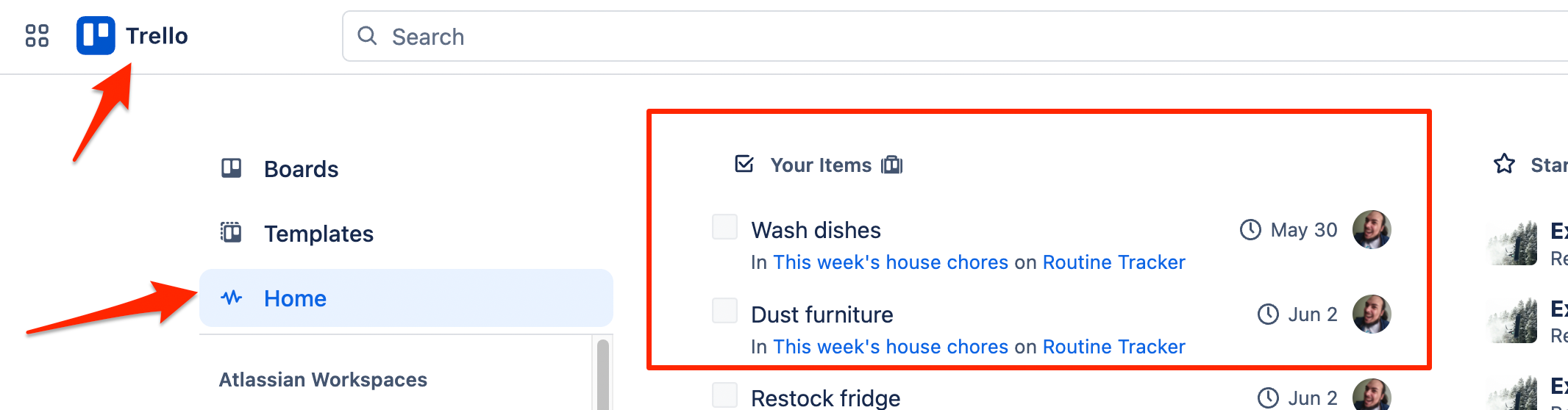 Image with arrows pointing to Trello logo and Home button