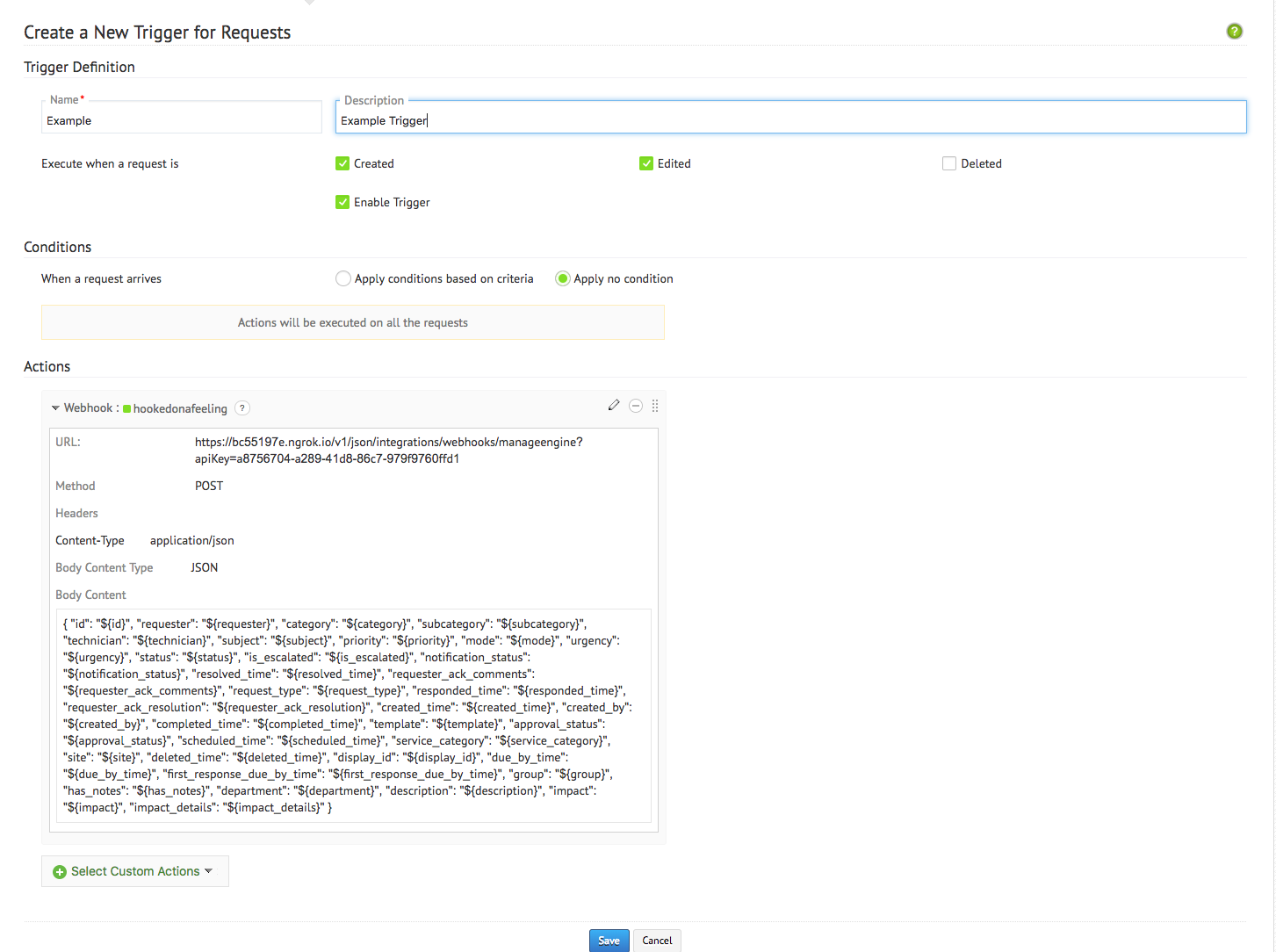 ManageEngine リクエストの新しいトリガー