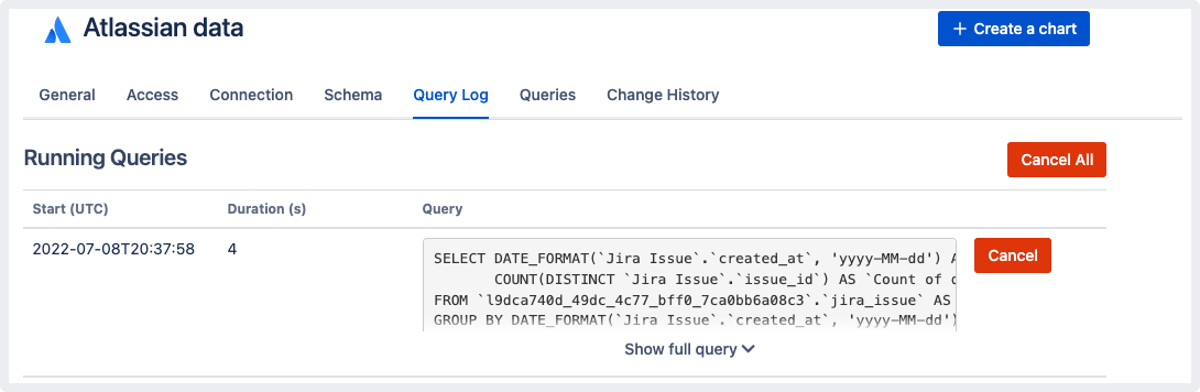 A record of a running query in a data source’s query log, with an option to cancel it.