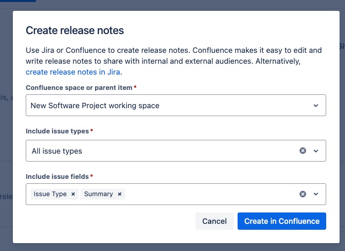 the interface to create release notes in Confluence